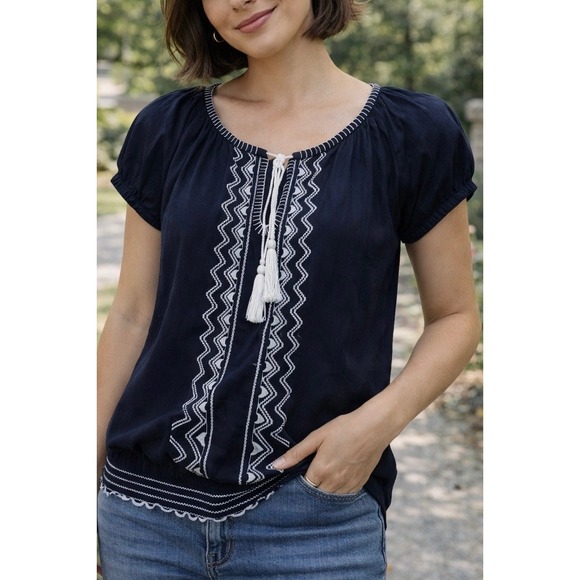 Banana Republic Tops - Banana Republic Womens Boho Embroidered Blouse Navy Small Tassel Smocked Top